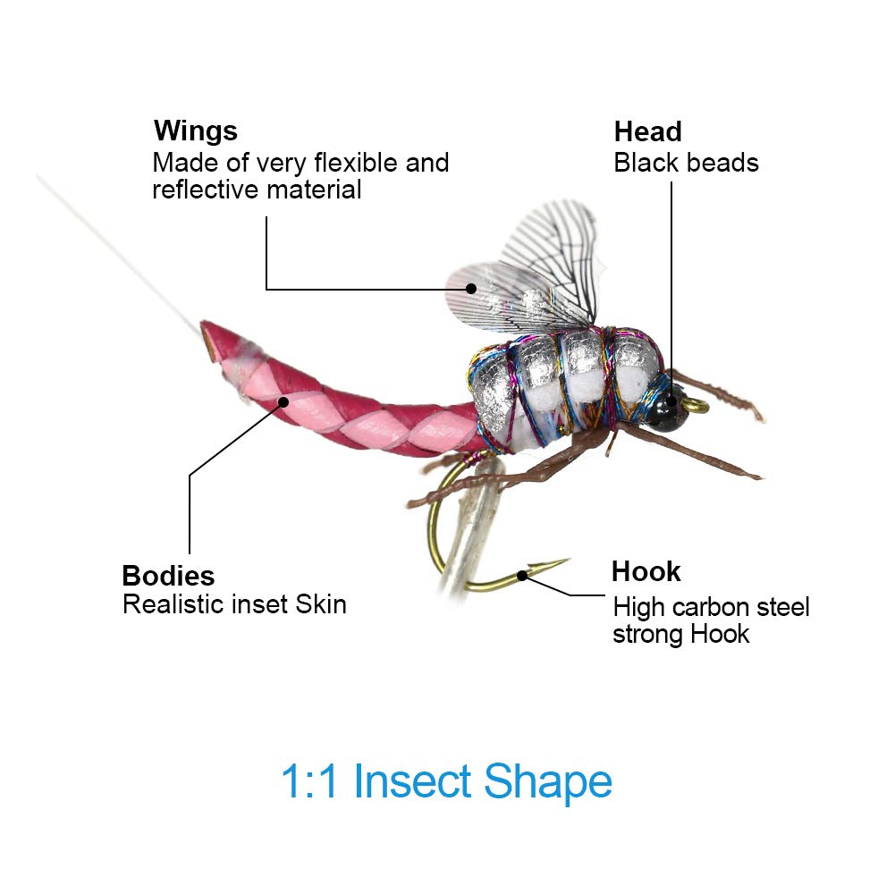 YZD Trout Fly Fishing Flies Collection Dry Wet Nymph Fly Assortment with Fly Box Flyfishing Flys Lures 12/16/18/22/36 Kits