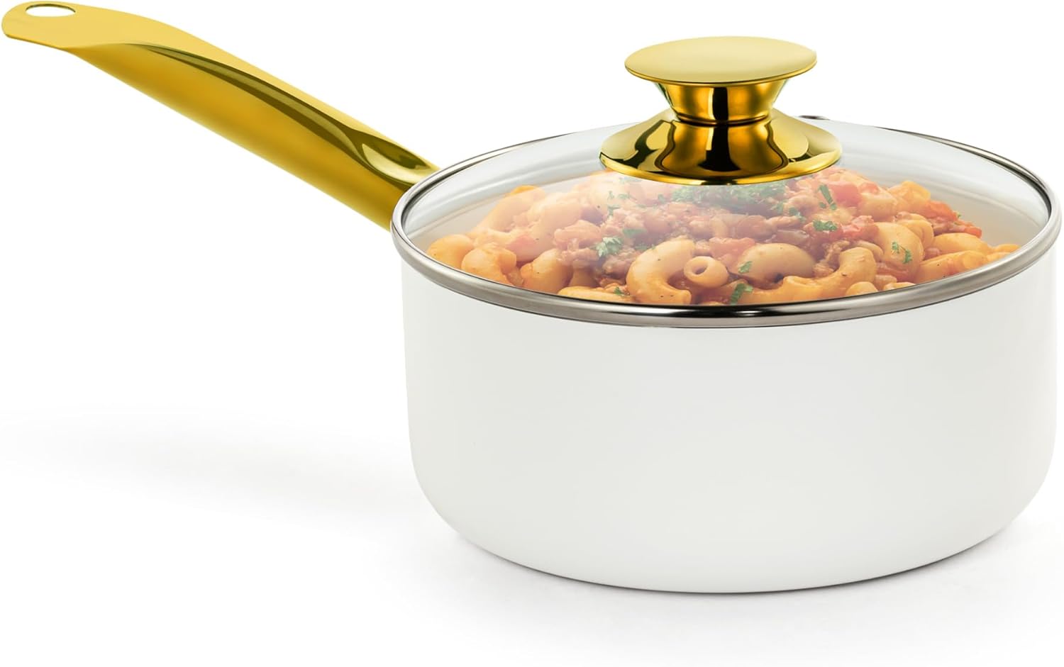 Holstein Housewares 2.5QT Ceramic Non-Stick Sauce Pan with Lid, Multipurpose Sauce Pan for Simmering & Boiling, Stainless Steel Golden Handle, Induction, Gas & Electric Compatible, White and Gold