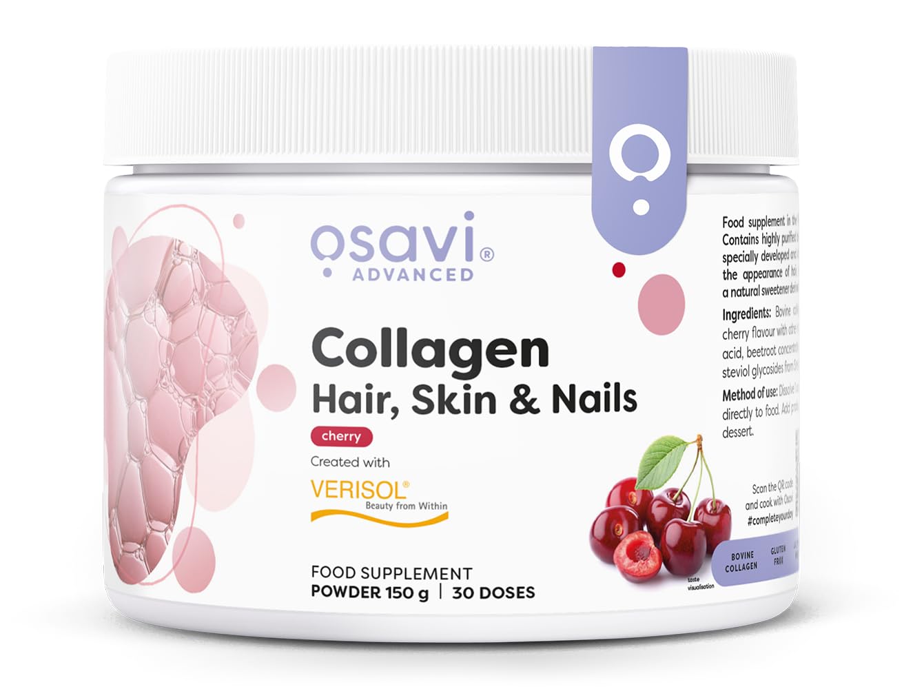 Osavi Collagen Hair, Skin & Nails – 150 g Powder | 30 Doses | Cherry Flavor | VERISOL® Collagen Peptides for Hair Thickness, Skin Elasticity & Nail Strength | Reduces Wrinkles & Cellulite