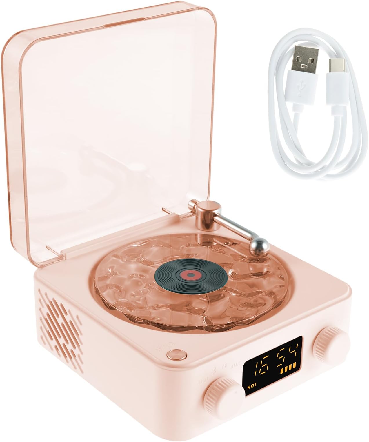 The Waves Vinyl Player, Portable Vintage Vinyl Speaker with Adjustable Lights and Time, Waves Vinyl Bluetooth Speaker Compatible with Bluetooth, TF, AUX Mode (Pink)