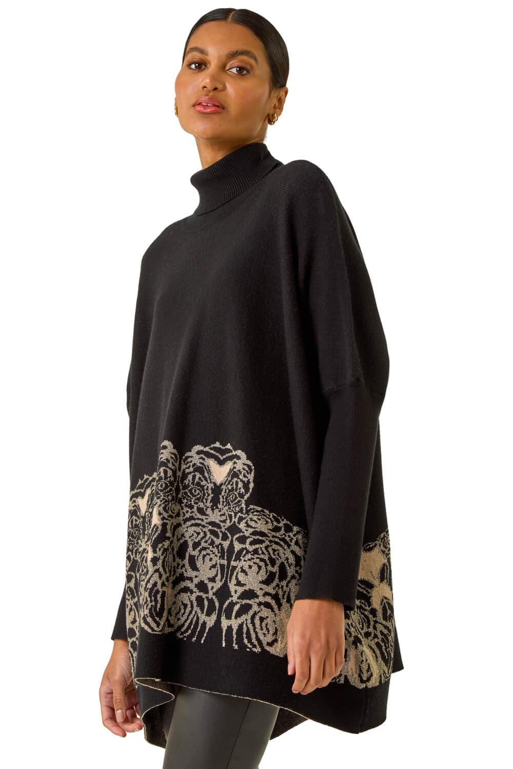 Roman Originals Mono Print High Neck Knit Jumper for Women UK - Ladies Everyday Autumn Winter Comfy Soft Evening Vacation Work Party Night Out - Black - Size SM