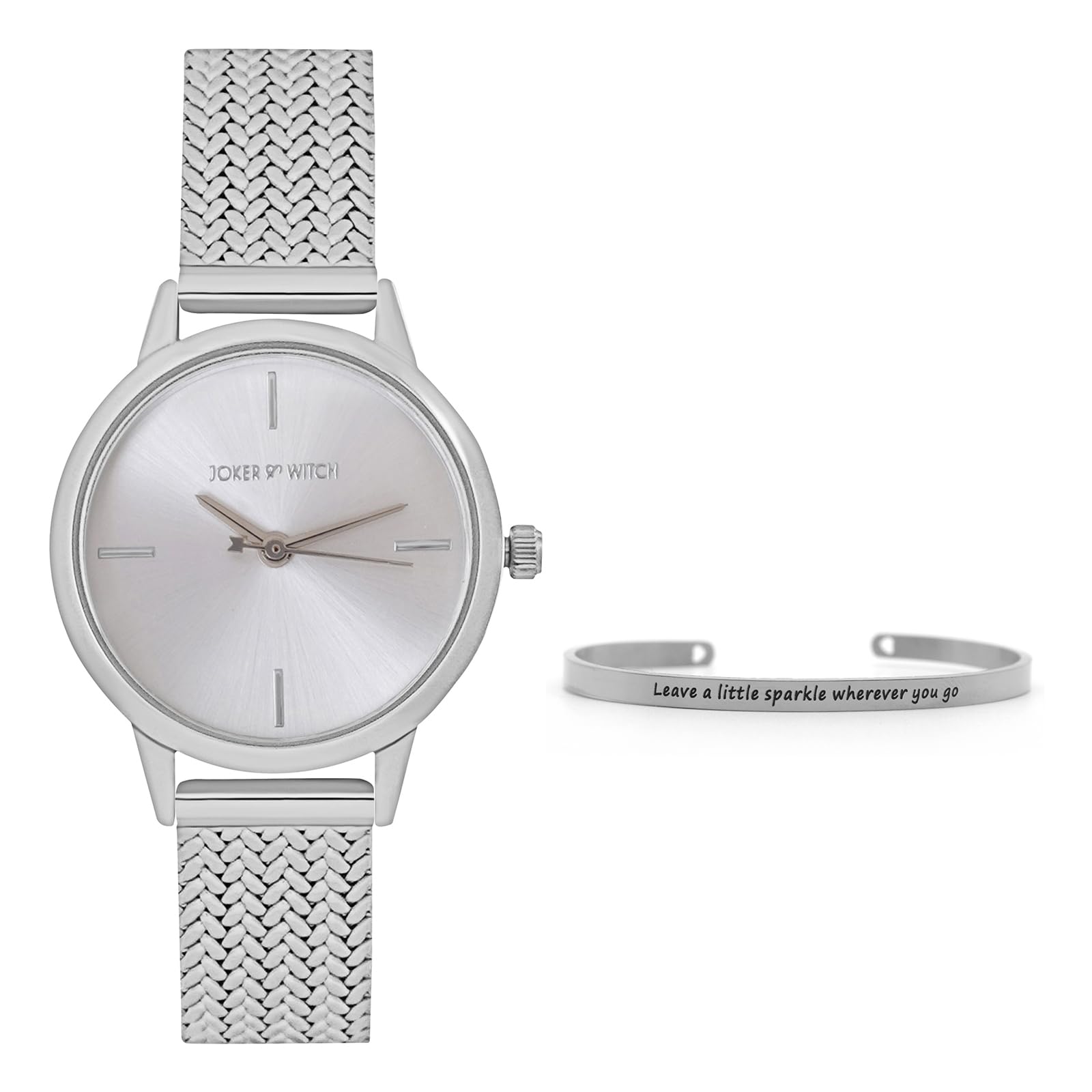 Joker & Witch Stainless Steel Women Payton Analogue Watch Bracelet Stack, Silver Dial, Silver Band