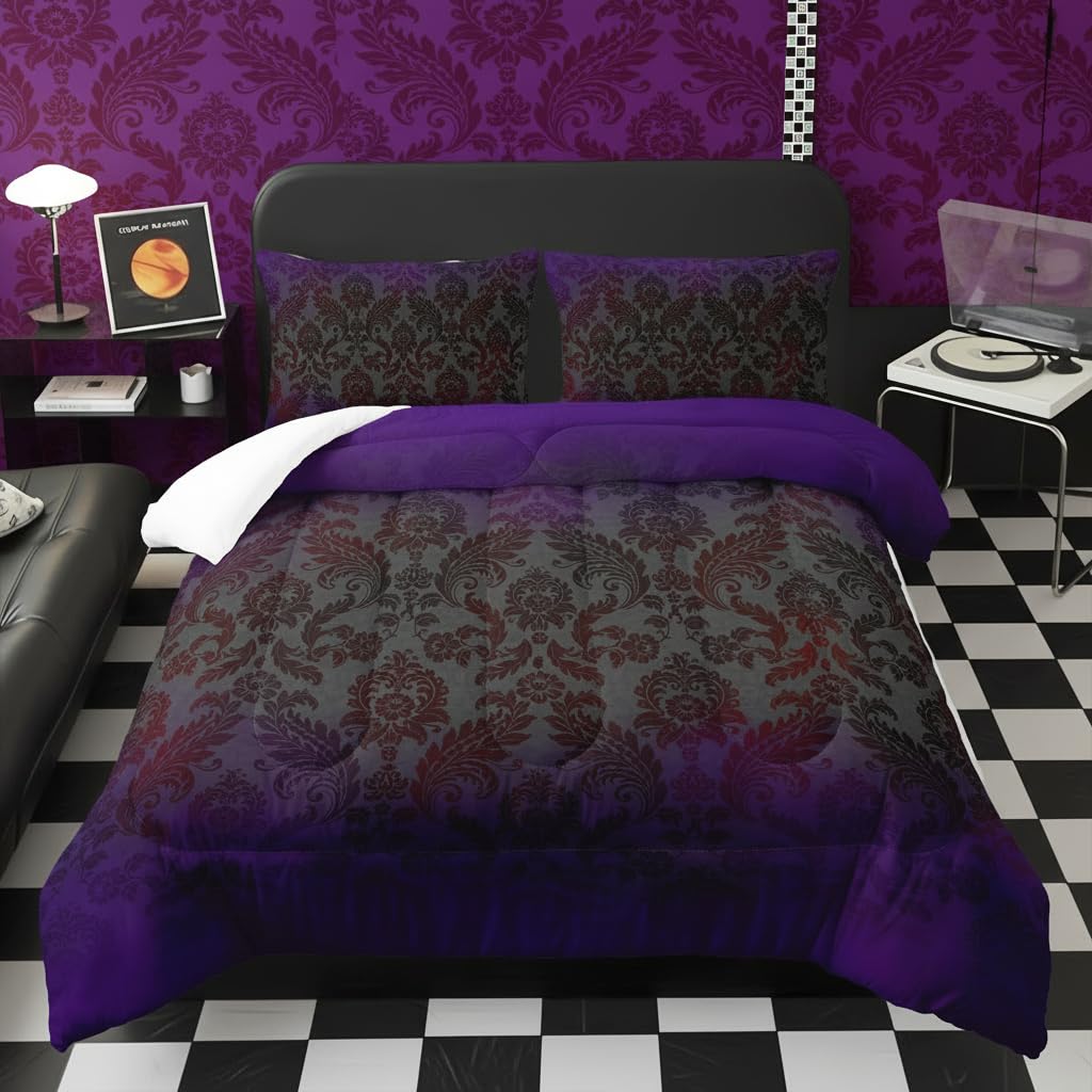 lneffble Black Purple Paisley Floral Victorian Gothic Comforter Set Queen,Gothic Bedding Set Queen Purple,with 1 Comforter with 2 Pillow Case,Halloween Room Decor for Bedroom