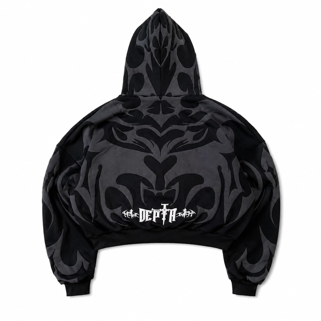 Puff Printed Oversized Cropped Hoodie for Men & Women | Unisex Gothic Tribal Graphic Hooded Sweatshirt | Heavyweight Fleece Streetwear Pullover | Casual Winter Hoodie-image-2