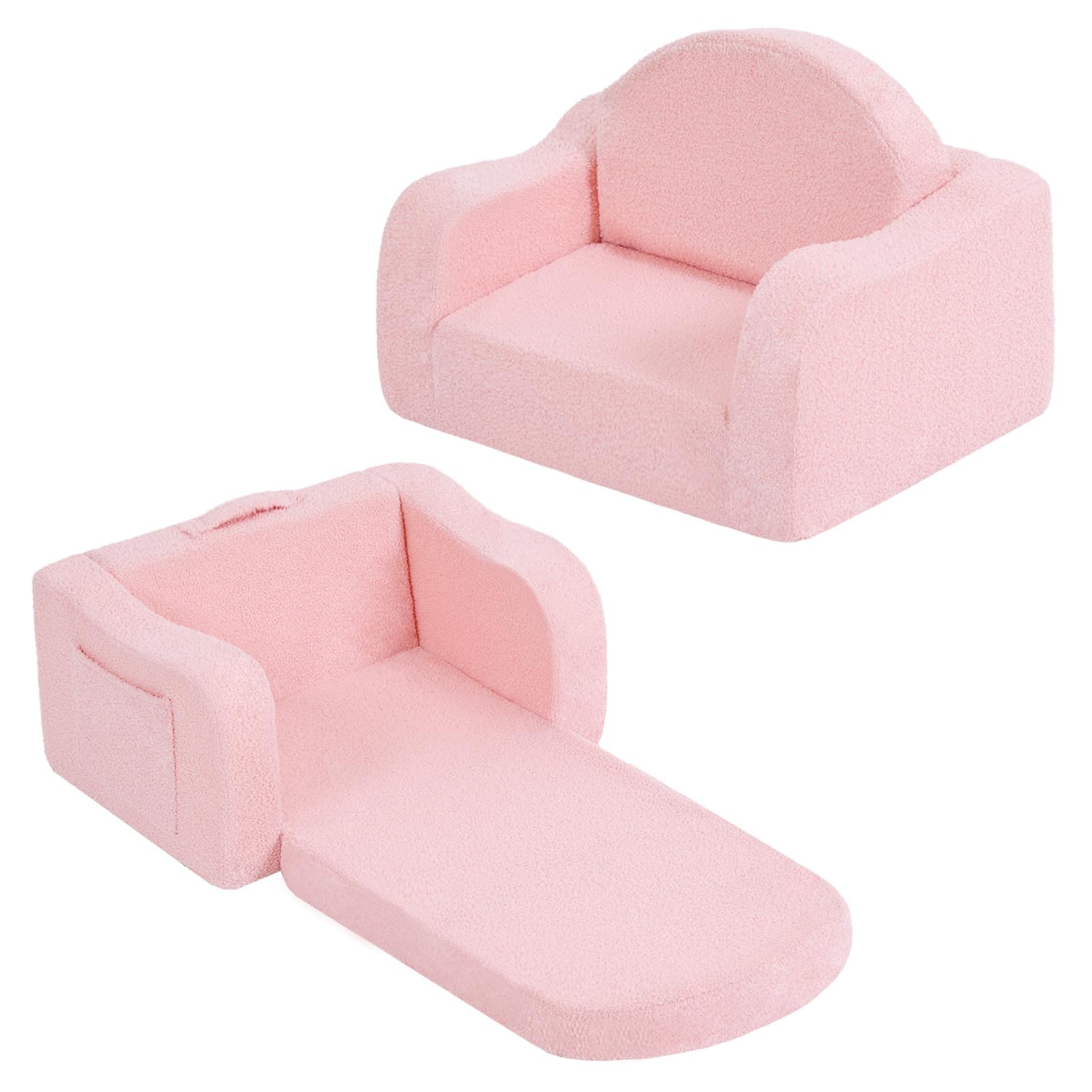 Welnow Kids Sofa, 2-in-1 Soft Sherpa Toddler Chair, Convertible Toddler Couch Lounger, Flip Out Kids Couch Chair with Side Pockets & Removable Cover
