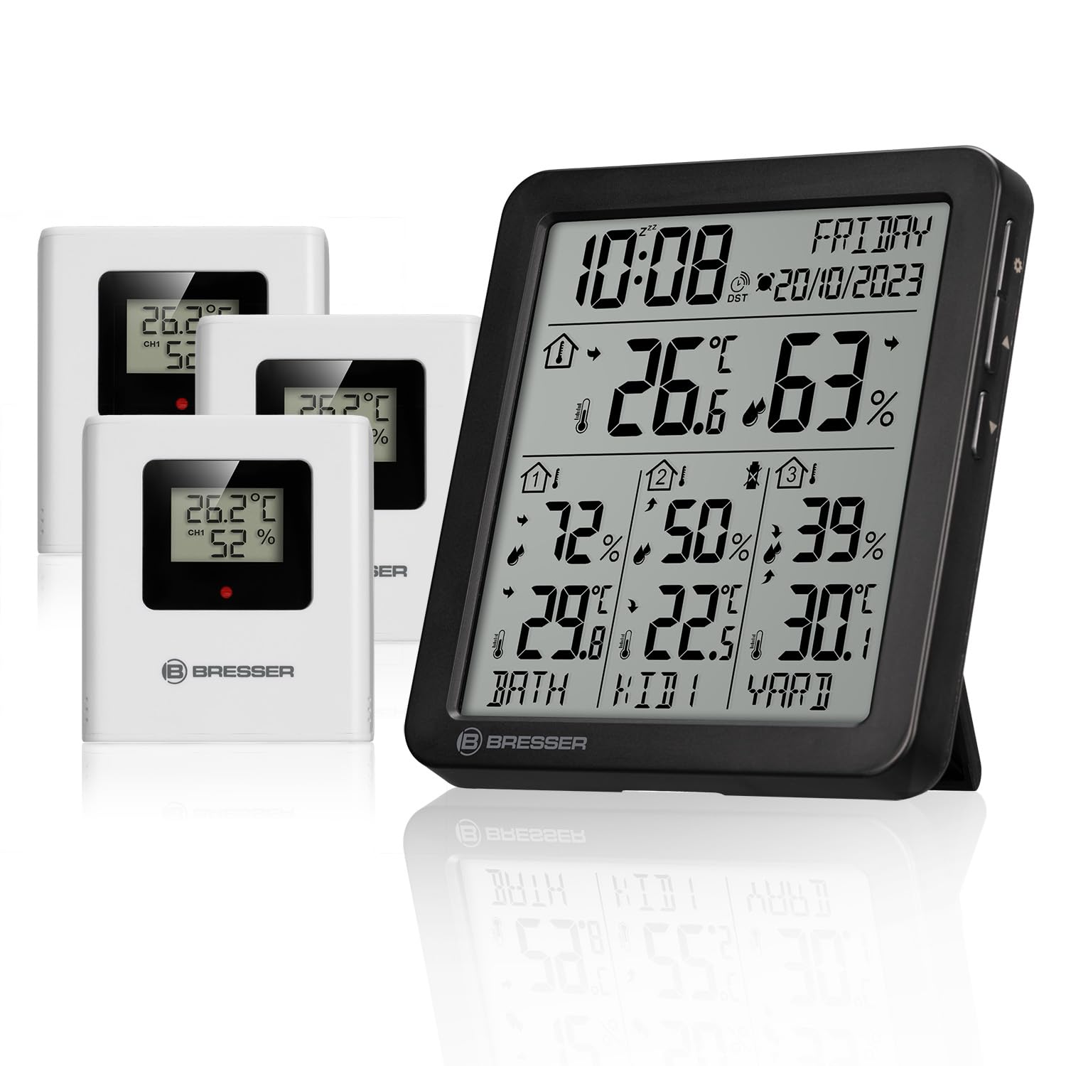 Bresser termoigrometro wireless con 3 sensori esterni, stazione meteo interna esterna con temperatura umidità, sveglia e orario automatico DCF