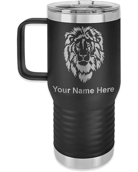 LaserGram 20oz Vacuum Insulated Travel Mug with Handle, Lion Head, Personalized Engraving Included (Black)