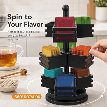 Bamboo Tea Bag Holder Tea Bag Storage 360° Rotating Tea Organiser with Nine Grids Suitable for Storing Tea and Coffee in the Office Suitable for Kitchens and Homes Black