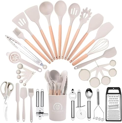 Juego de utensilios de cocina, 34 piezas, juego de utensilios de cocina de silicona para utensilios de cocina antiadherentes, juego de espátulas de