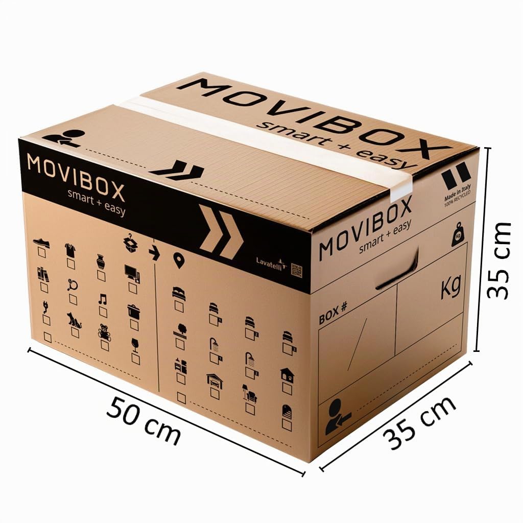 Lavatelli MOVIBOX – 20 Scatole per Trasloco 50x35x35 cm misura universale – Doppia Onda robusta – Con Simboli Contenuto e Stanza destinazione, Maniglie Pre-Tagliate – Scatole di Cartone, Made in Italy