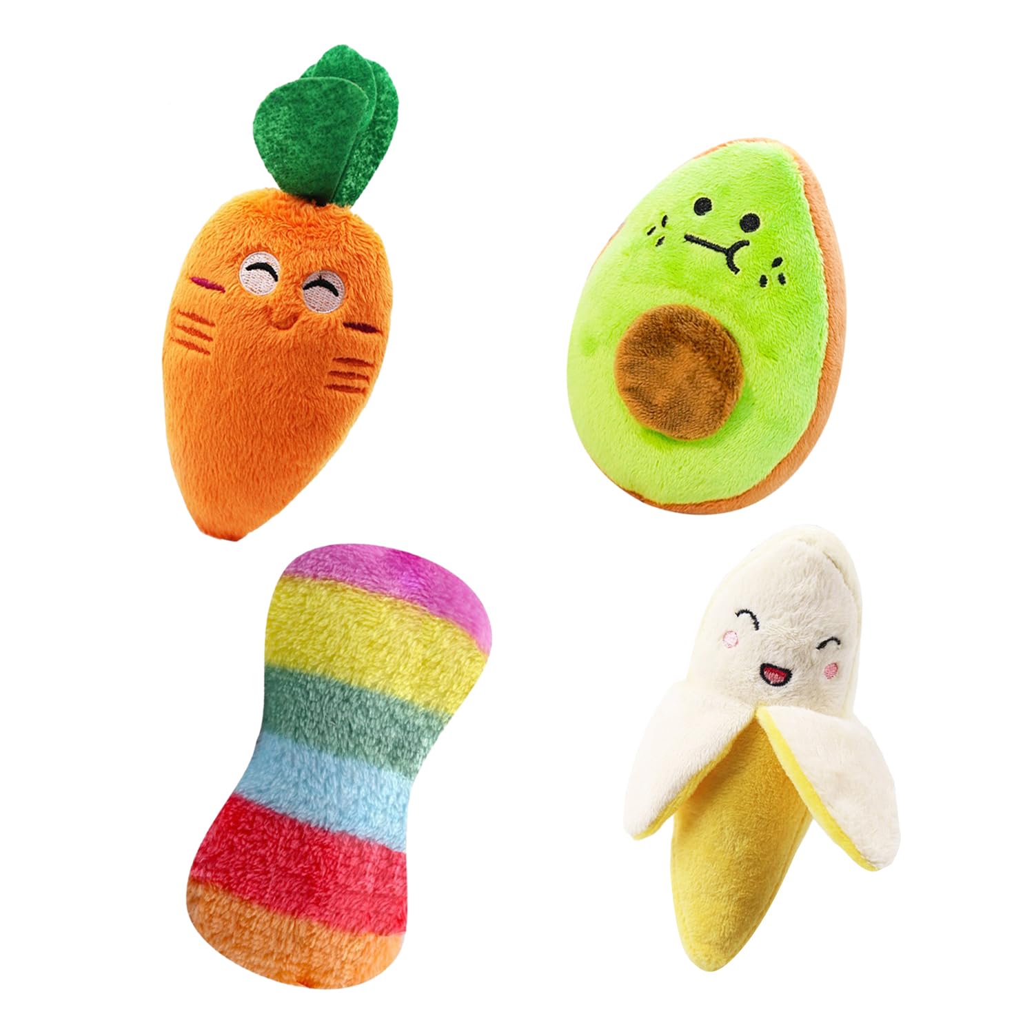 NyxSeat 4 juguetes de peluche de frutas, brillantes y lindos, juguetes para mascotas de frutas, resistentes a mordeduras y ruidosos, alivia la ansiedad de los perros, adecuados para perros pequeños y