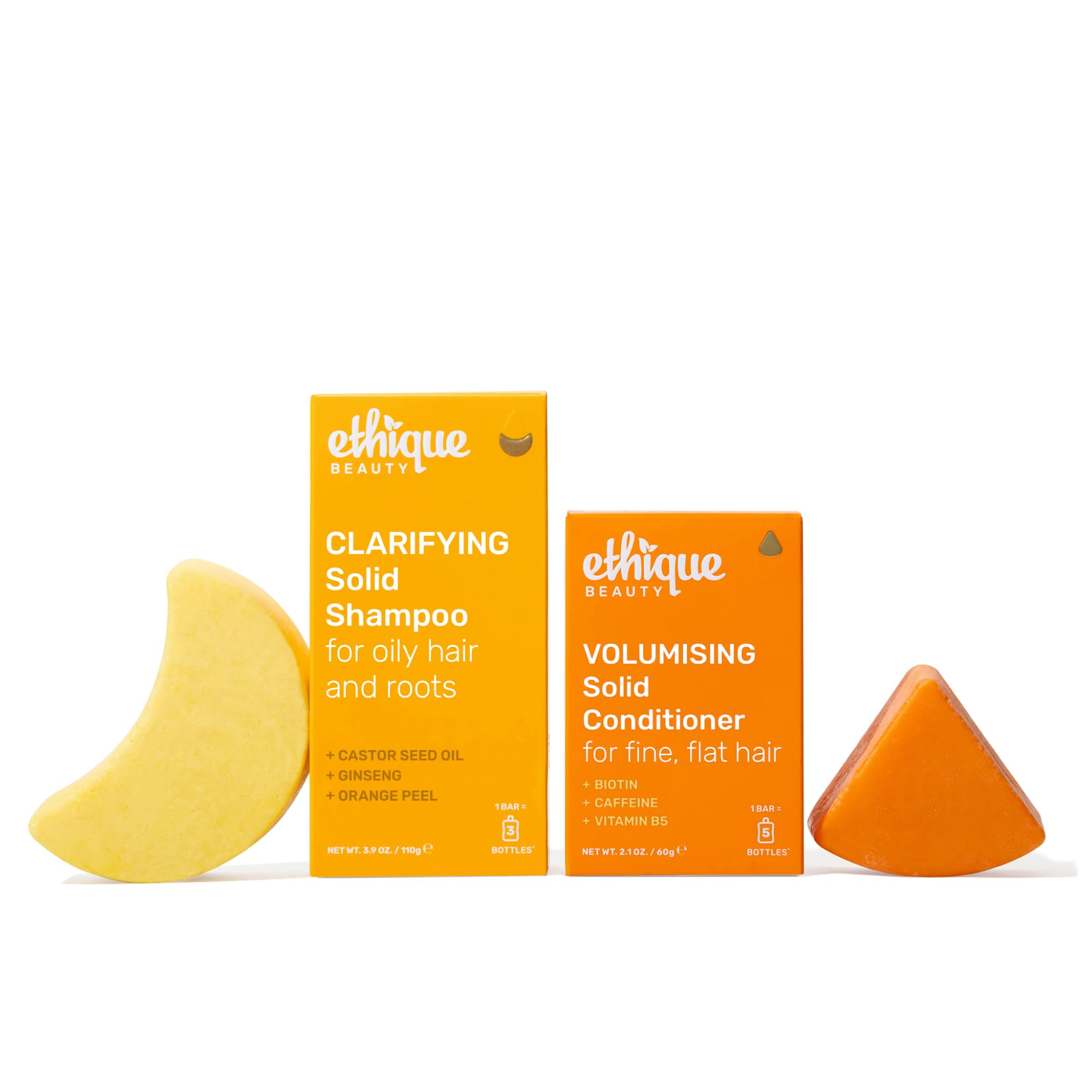 Ethique Beauty Clarifying Shampoo & Conditioner Set for Oily Hair & Build-up with Castor Oil - Plastic-Free, Vegan, Cruelty-Free - 2 Pack