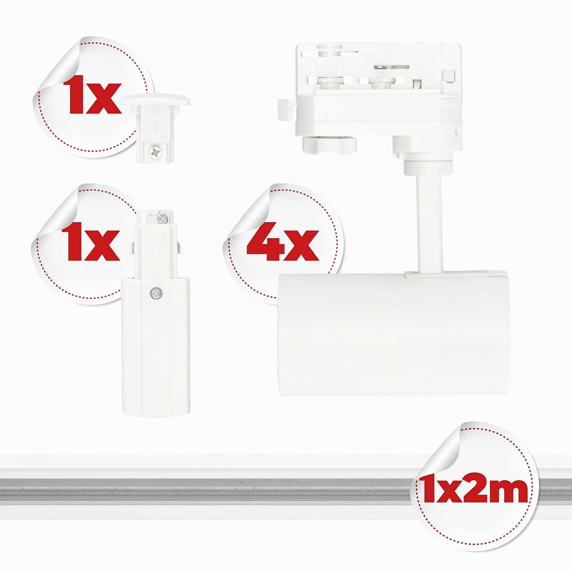 3-Phasen-Schienen-Set NEXTRACK - Schienensystem Komplett-Set mit 4x GU10 Spots und 2m Schiene + Stromversorgung + Kappe (Weiß, Schiene 2 Meter)