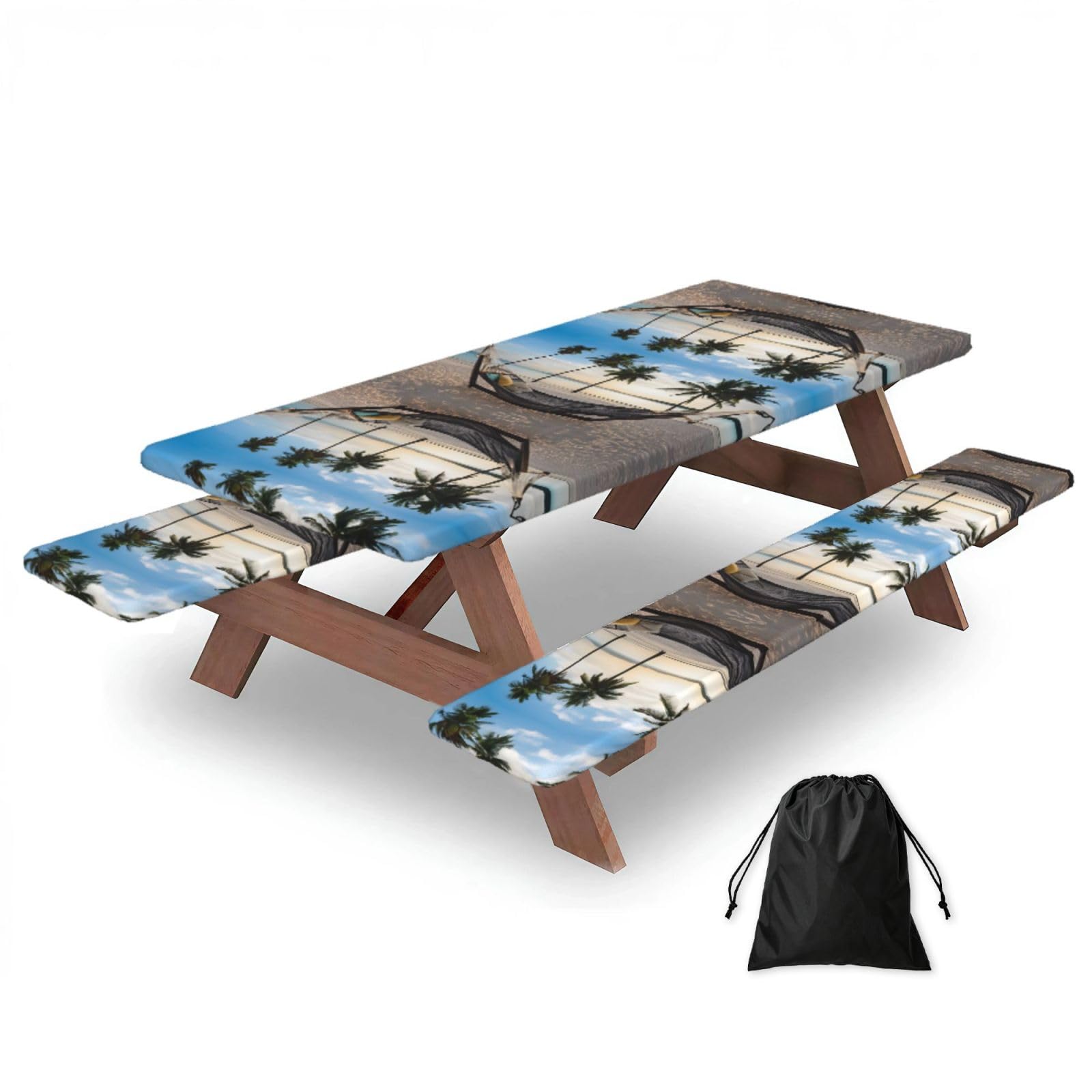 EZDLOWVBA Paradise Beach With Hammock Coconut Palm Trees Print Picnic Table Cover With Bench Covers Waterproof Fitted Picnic Table Outdoor Elastic Picnic Tablecloth Outdoor Camping Essentials(3pcs)