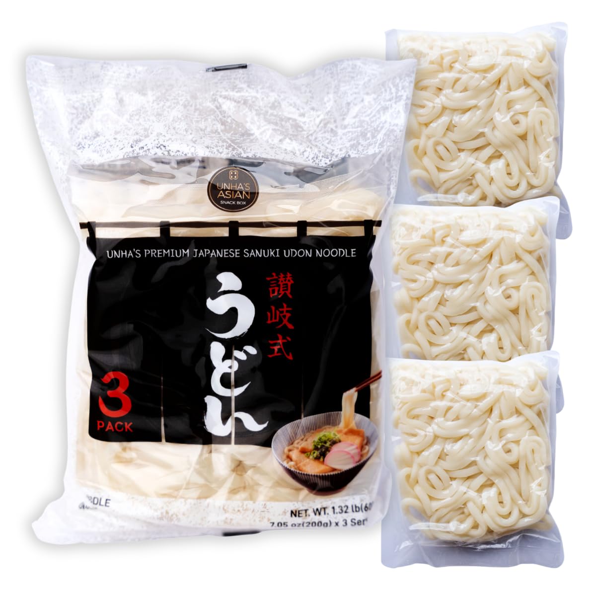 Unha’s Japanese Sanuki Fresh Udon Noodles, Jumbo Chewy Noodles, No Soup Included, Quick and Easy, 22 oz (200g × 3 Packs) Pack of 1