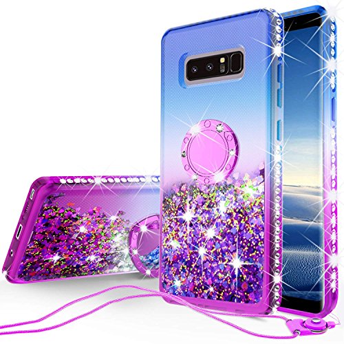 SOGA Rhinestone Glitter Bling Liquid Floating Quicksand Cute Phone Case Compatible for Samsung Galaxy Note 8 Case with Embedded Metal Ring for Magnetic Car Mounts Include Lanyard - Purple on Blue