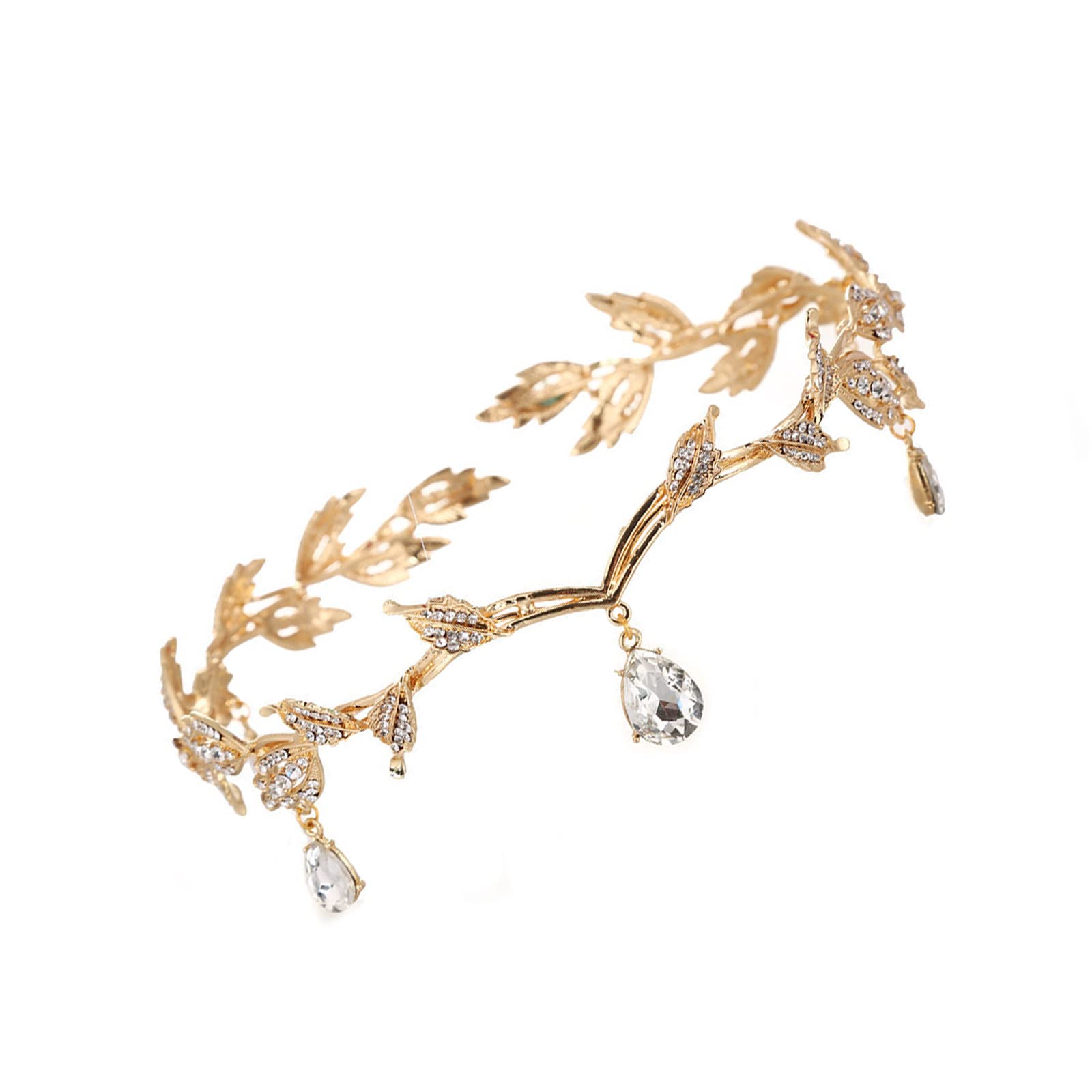 Tiara de diosa, tocado de diosa, tiara de princesa elfo, diadema de boda con diamantes de imitación de cristal, diadema de frente con cuentas de cristal para novia, dama de honor y niñas (16,5 cm de