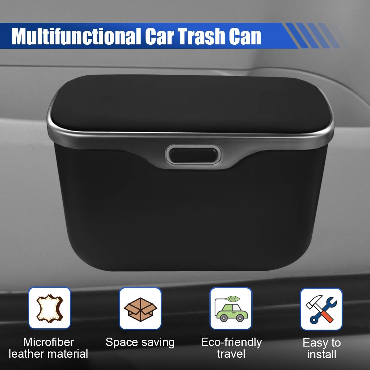 Car Trash Can with Lid, Water-Resistant Mini Trash Bin with Garbage Bags, Leakproof Auto Interior Storage Organizer Accessories for Car Door, Seat, and Center Console (Black)