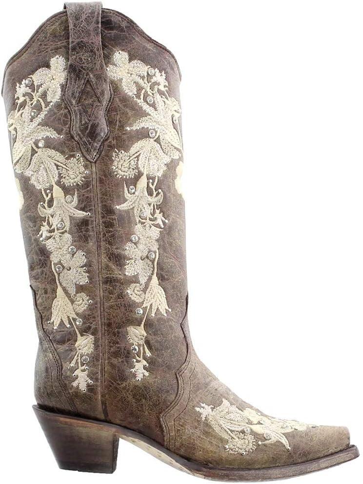 Womens Floral Rhinestone Embroidered Snip Toe Casual Boots Mid Calf Mid Heel 2-3" - Brown