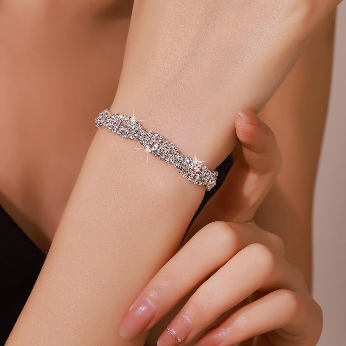 Rhinestone Link Bangle Bracelets for Women Wrap Crystal Chain Tennis Bracelet Bridal Wedding Party Costume Jewelry - Image 2