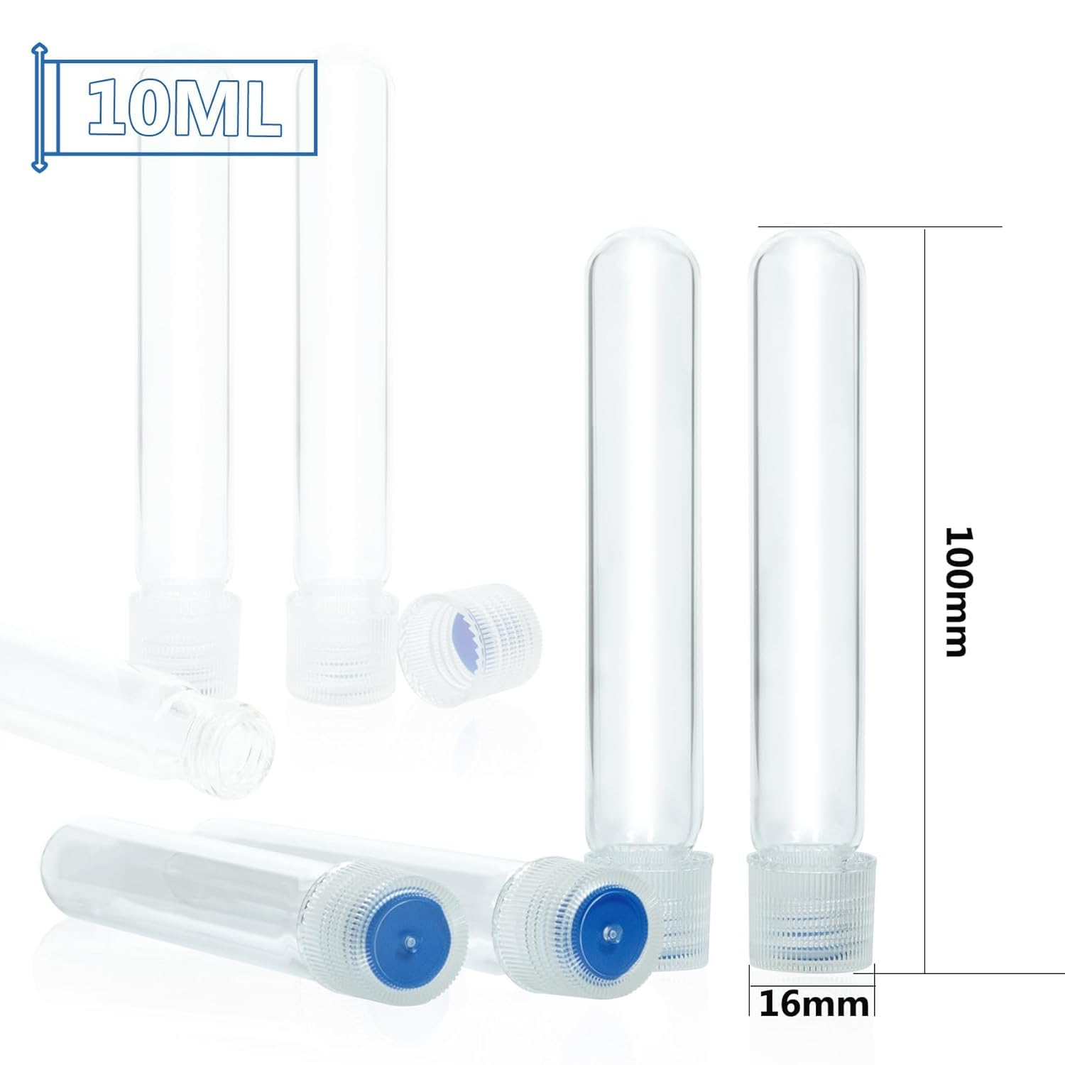ALWSCI 100 Unidades 16X100mm Tubos de Ensayo de Vidrio, Tubo de Cultivo de Vidrio de 10ml, Fondo Redondeado, Tapón de Rosca con PTFE/Silicona/PTFE Liner