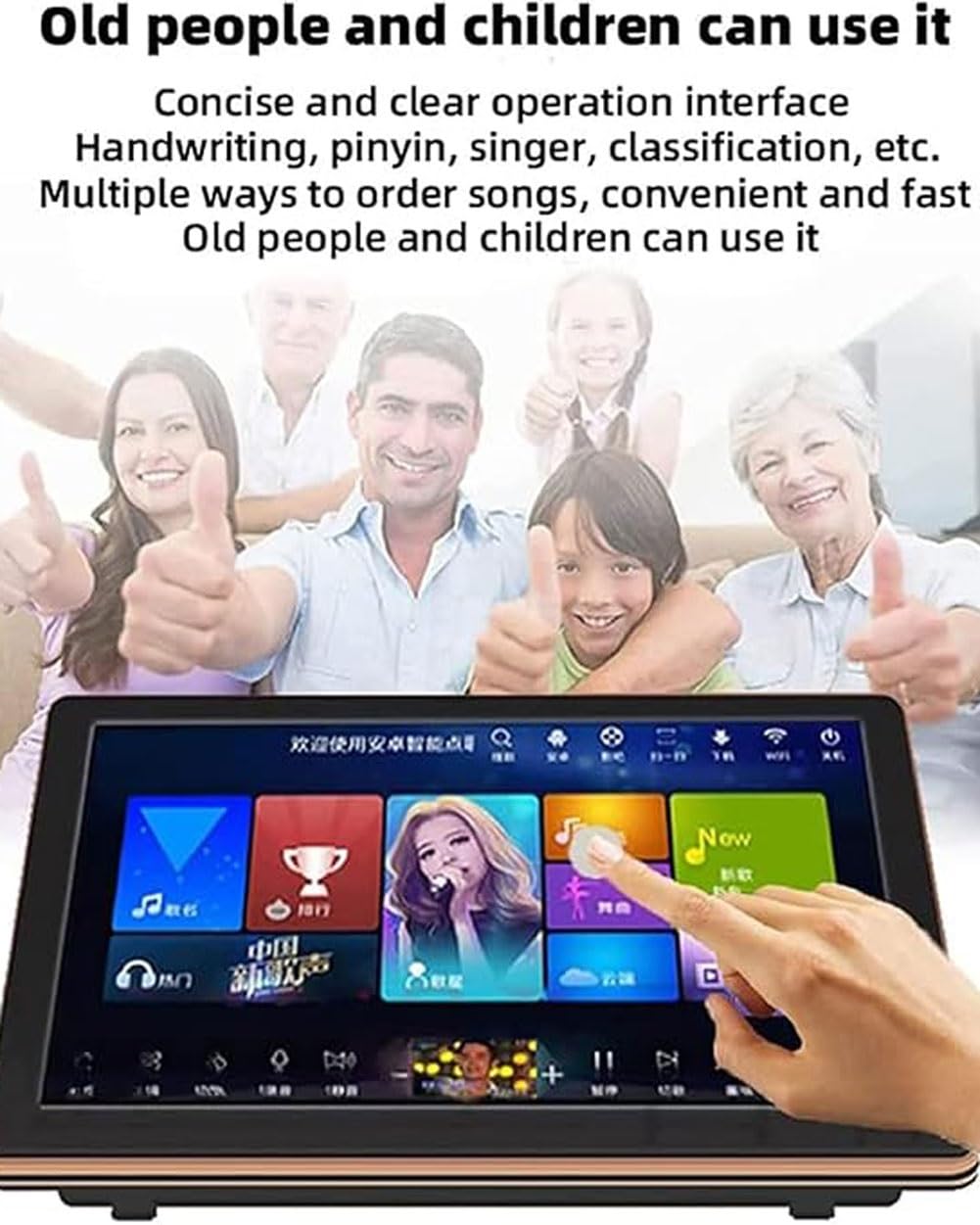 Sistema de karaoke con pantalla táctil, micrófono inalámbrico, control de voz AI y soporte multilingüe para entretenimiento en casa y fiestas
