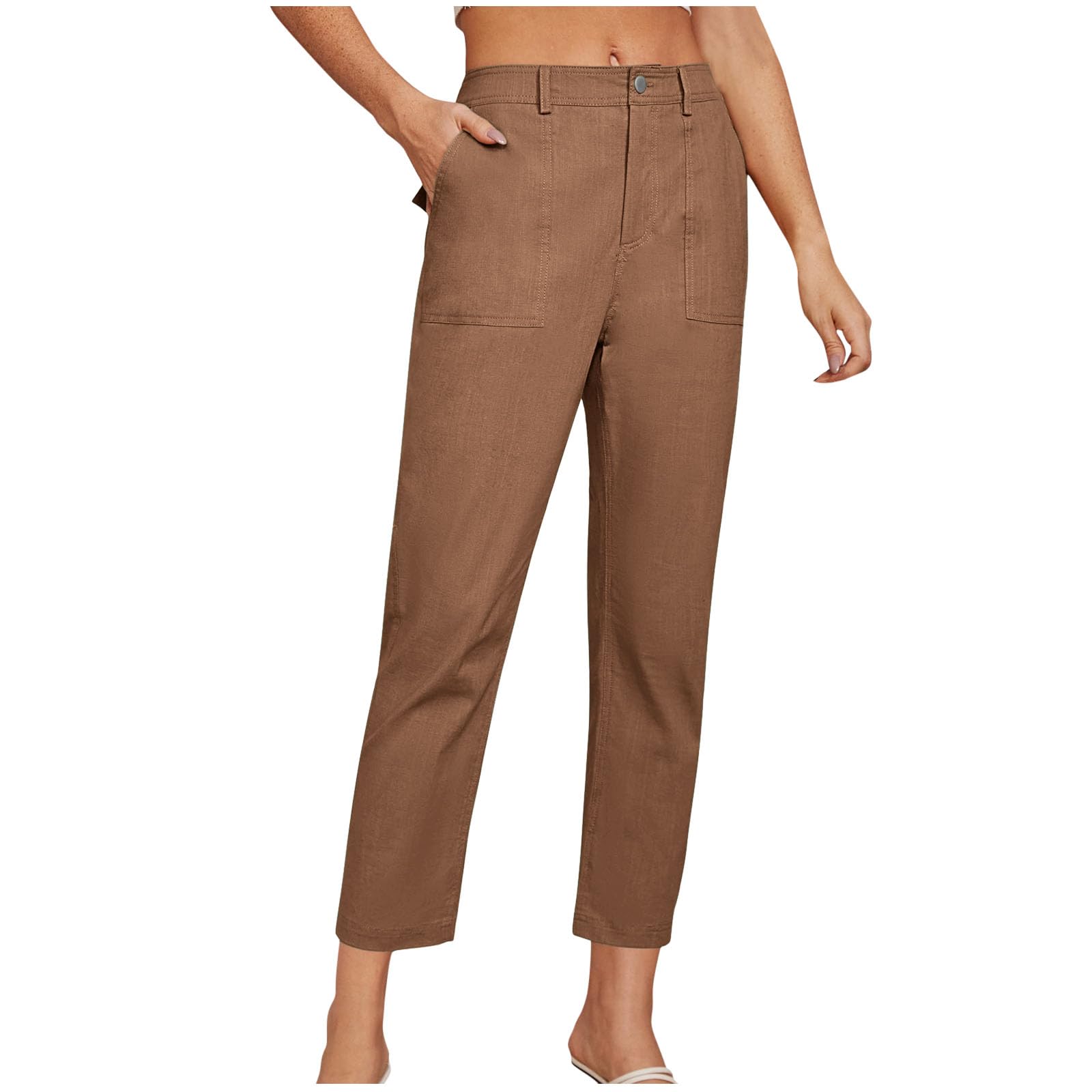 Cropped Work Pants Women High Waisted Business Casual Dress Pants Straight Ankle Length Tapered Trousers w Pockets