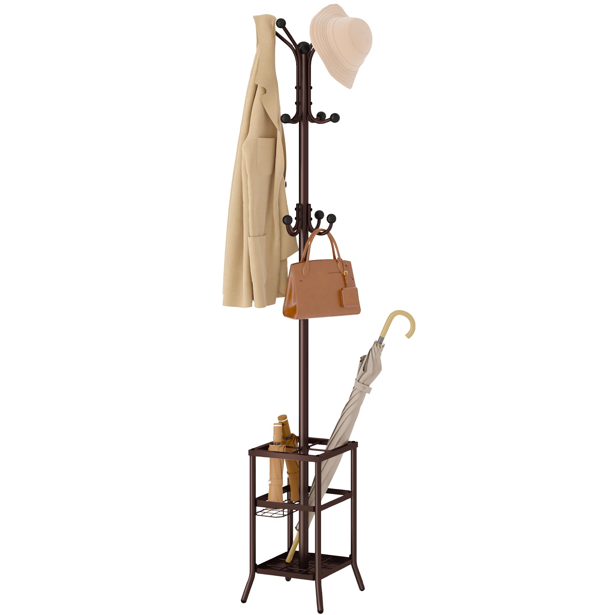 FAVOOSTY Coat Rack Freestanding Coat Rack Stand with Umbrella Holder Metal Coat Tree with 12 Hooks Tree Clothes