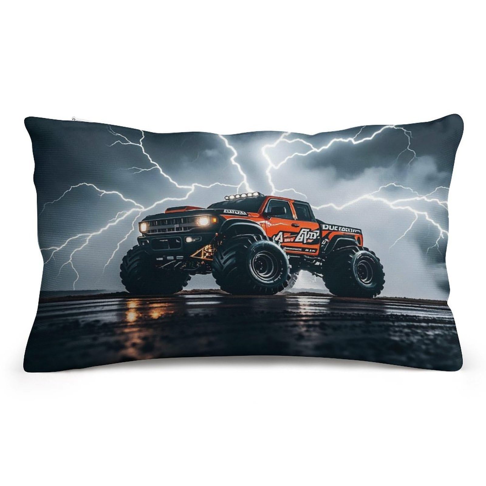 Short Plush Monster Truck Black Sky Lightning Roar Throw Pillow Covers 8x12 Soft Decorative Lumbar Pillow Cases with Hidden Zipper Modern Cushion Covers for Couch Sofa Bedroom Living Room Car Decor