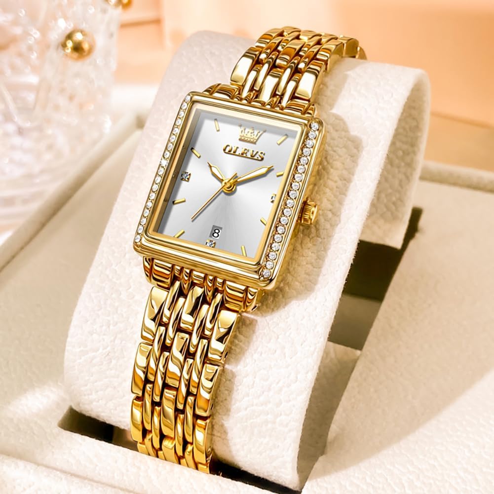 OLEVS Women's Gold Stainless Steel Watch, Small Square Face Diamond Decorated Ladies Watch, Luxury Analog Quartz Women Dress Watch, Fashion Calendar Date Waterproof Wrist Watch for Women - Image 4