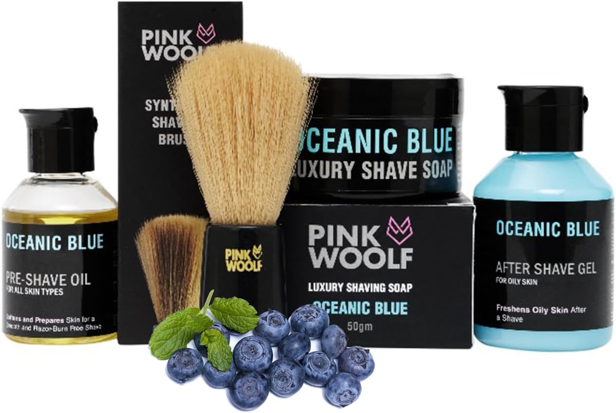 Pink Woolf Luxury Shaving Essentials Kit for Men | 4 Piece Kit- Pre-Shave Oil, Soft Shaving Brush, Shaving Soap & Aftershave Balm(OCEANIC BLUE) | Professional Shaving Set for a Comfortable Shave
