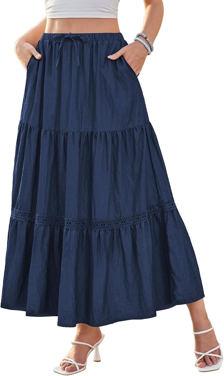 DJT Women's Boho Elegant Lace Trim Swing Tiered Maxi Skirt High Waisted Tie A Line Flowy Long Skirts with Pockets