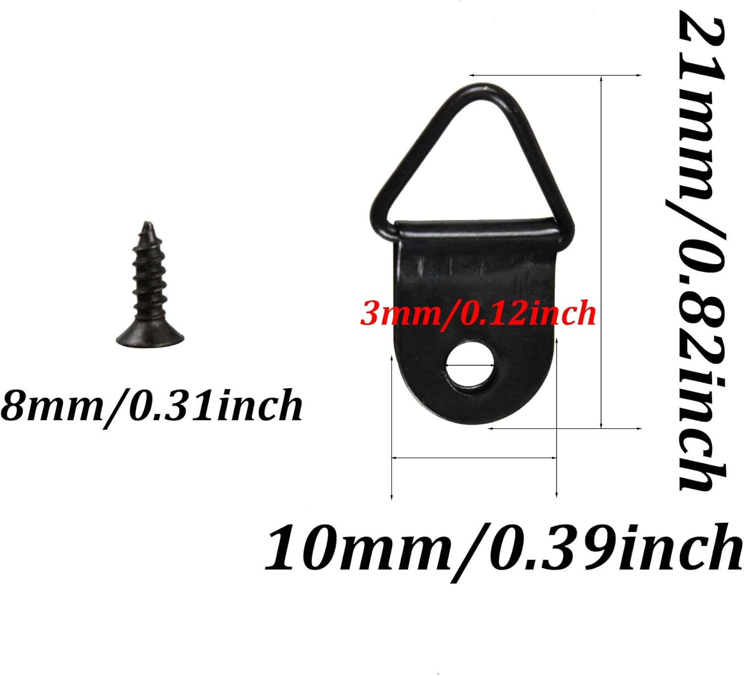 100Pcs Small Triangle D-Ring Picture Hangers with Screws, Picture Hang Solutions, Black Metal Frame Hooks Hardware for Hanging Clocks, Paintings, Artwork, Photos, Mirror