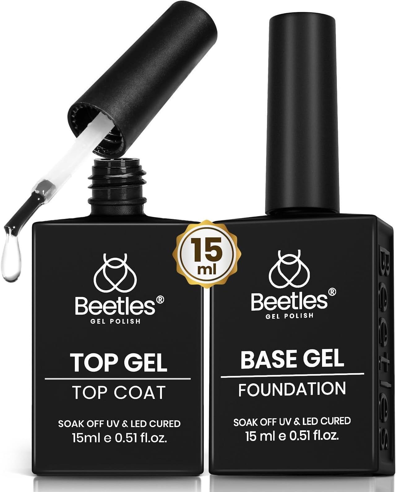 Beetles No Wipe Gel Top Coat and Base Coat Set for Gel Nail Polish - 2Pcs 15ml Super Shiny and Long Lasting Soak Off UV/LED Lamp Nail Art Design Gift