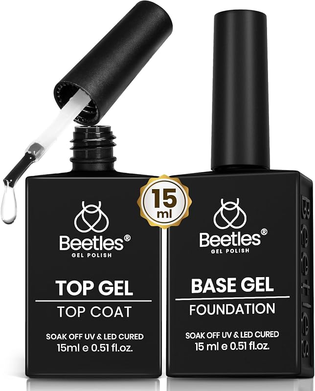 Beetles No Wipe Gel Top Coat and Base Coat Set for Gel Nail Polish | 2Pcs 15ml Super Shiny and Long Lasting Soak Off UV/LED Lamp Nail Art Design Gift