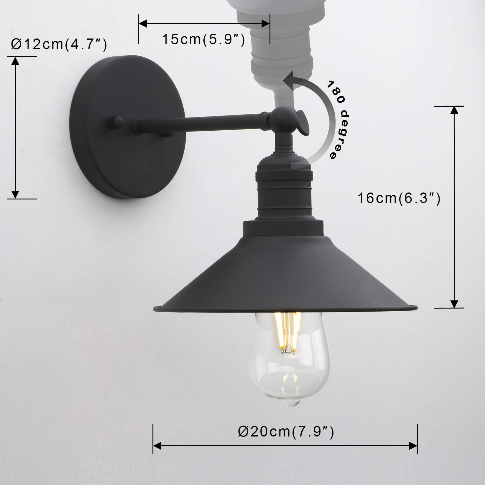Phansthy Industrial Wall Sconce – Metal Wall Light With 7.9" Shade & On/Off Switch (Black)