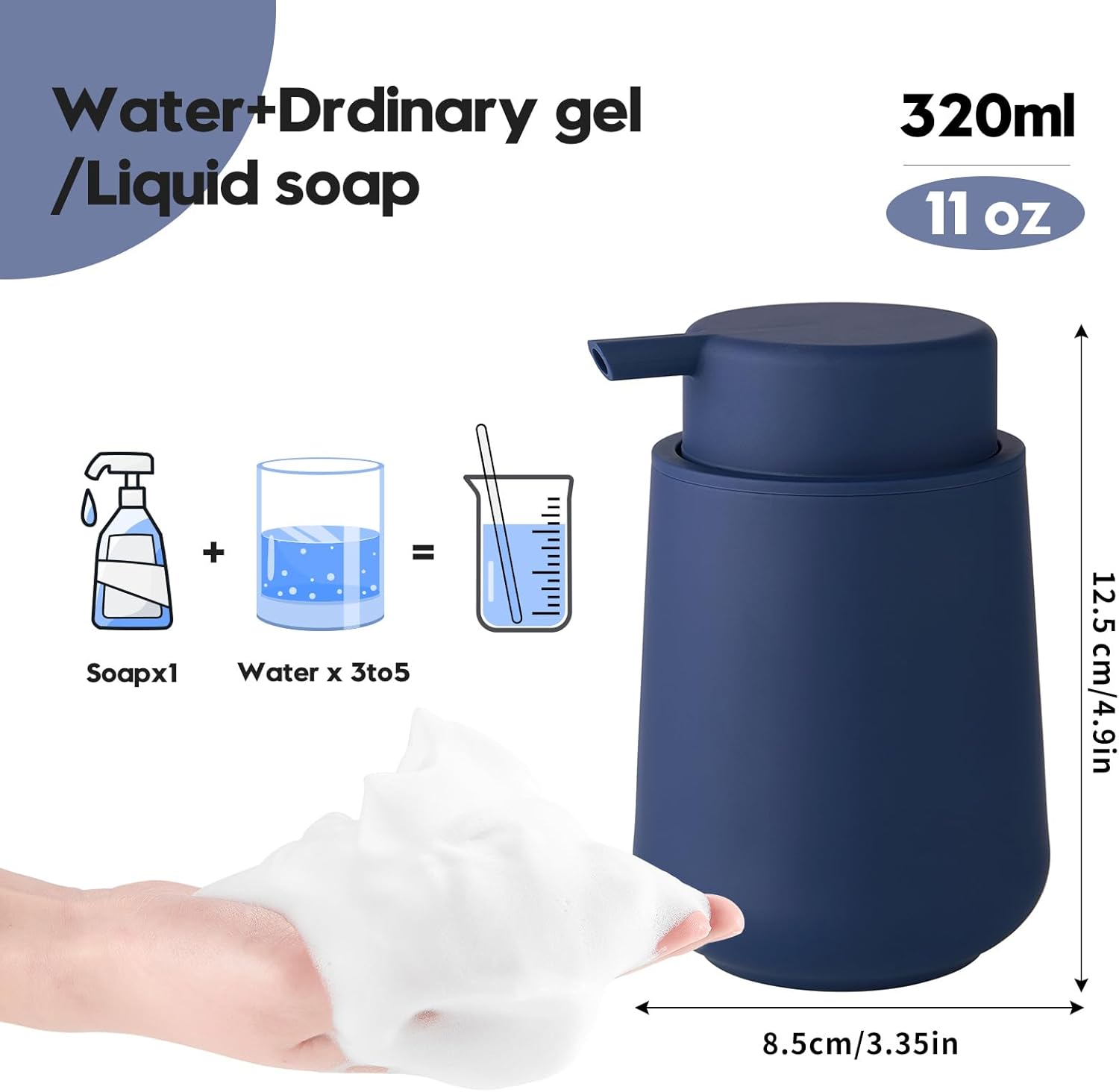 Matte Navy Blue Foaming Hand Soap Dispenser Plastic 11 oz - Modern Minimalist Style for Bathroom & Kitchen Countertop Refillable - Image 4
