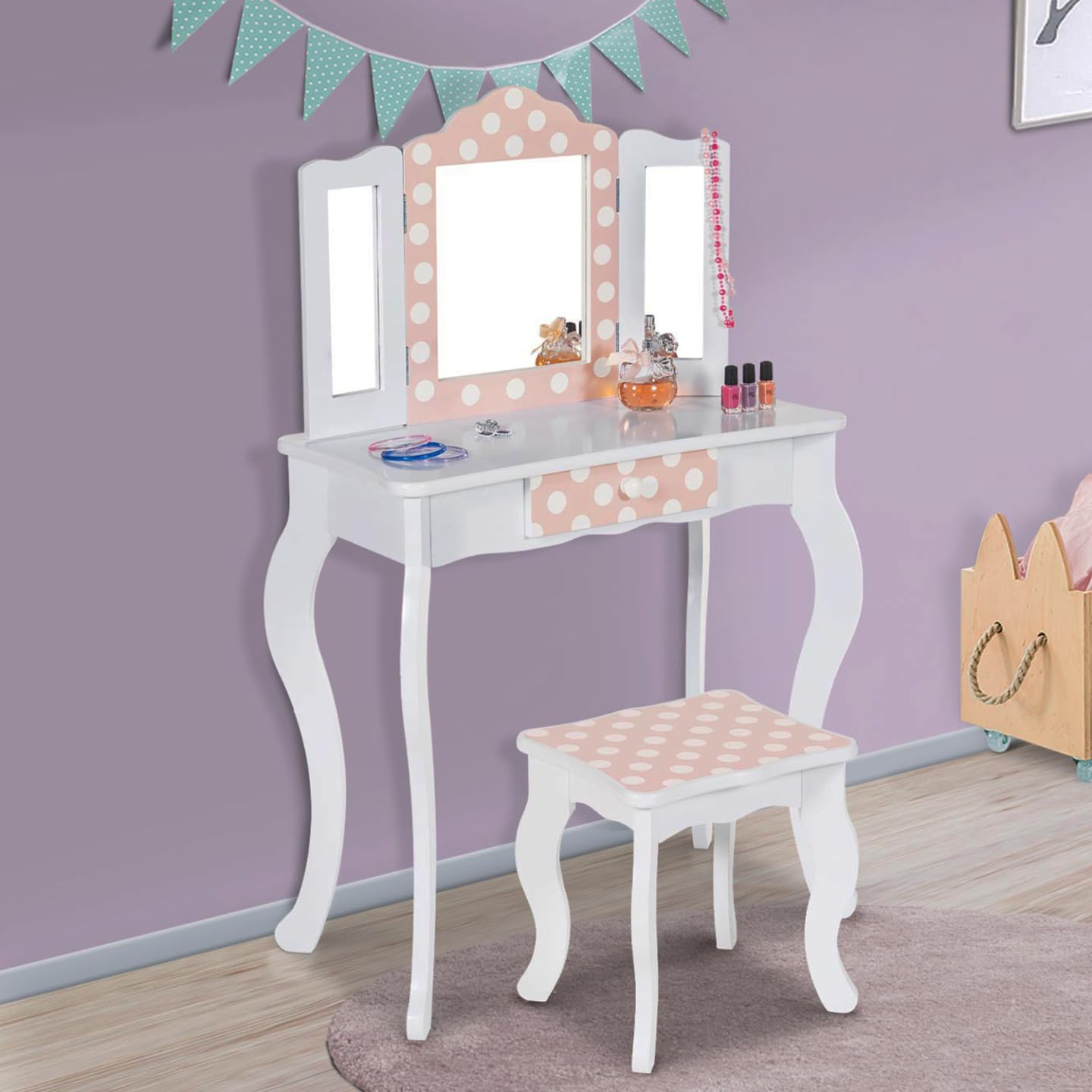 IDMarket - Tocador infantil Roza blanco y rosa con 3 espejos y taburete
