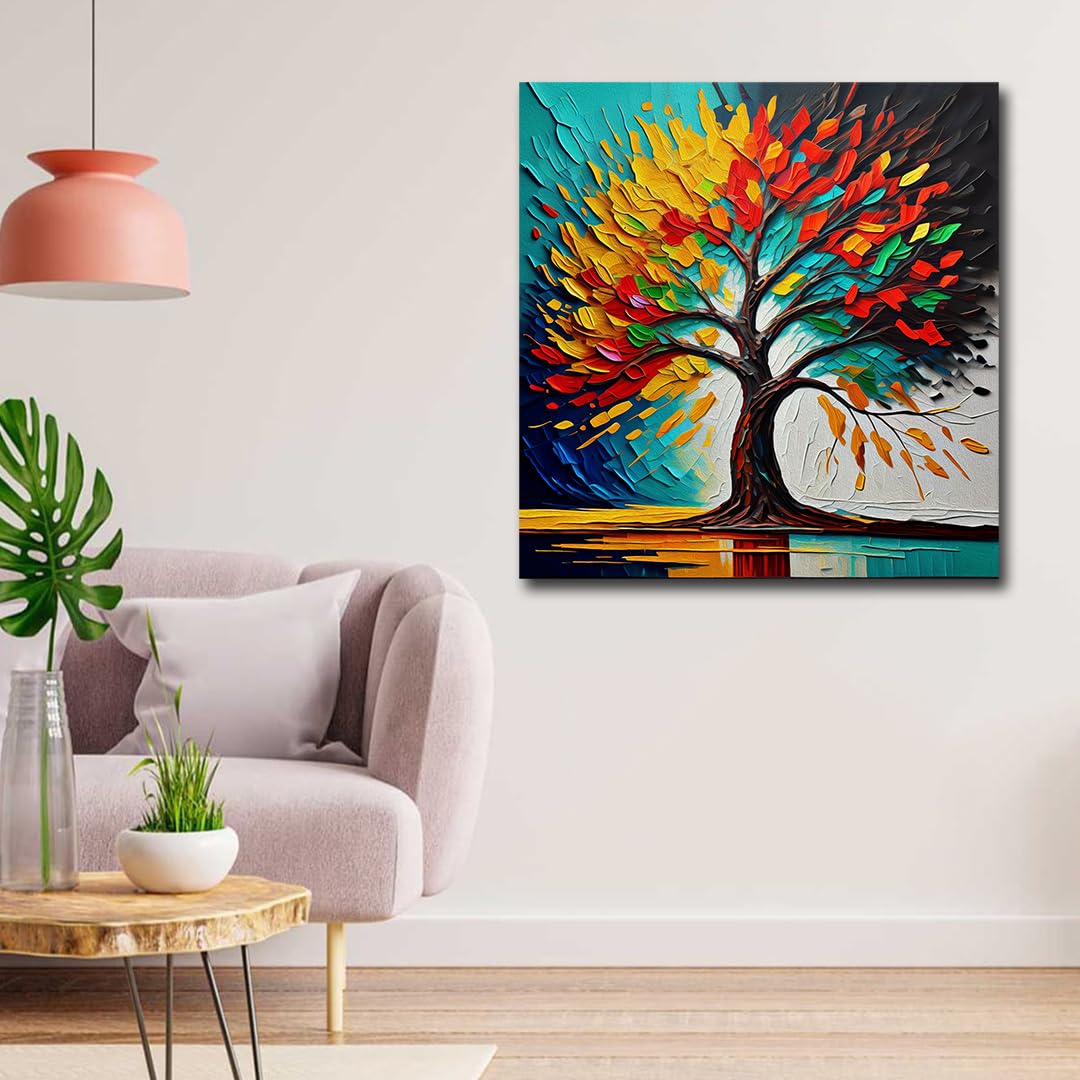 Canvas Painting Vibrant Abstract Tree of Life Canvas Painting Wall Frame | Colorful Textured Nature Home Decor Art | Modern Wall Art Decors (24x24 Inches)