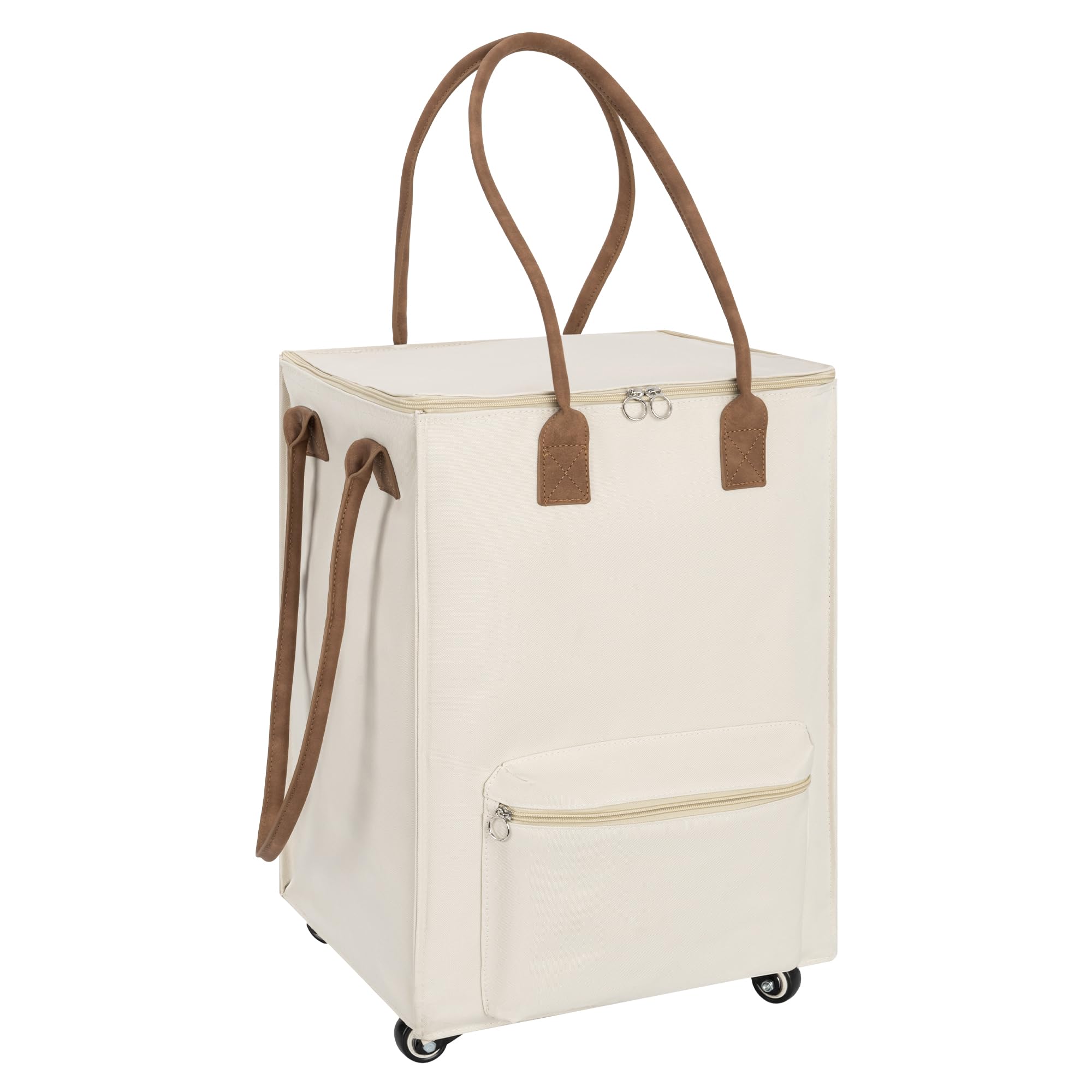 StorageWorks Grocery Cart on Wheels, Zipper Closure Rolling Bag, Shopping Trolley Carries Up to 44 lb, Rolling Tote Bag with Handles, Beige, 55L, Small