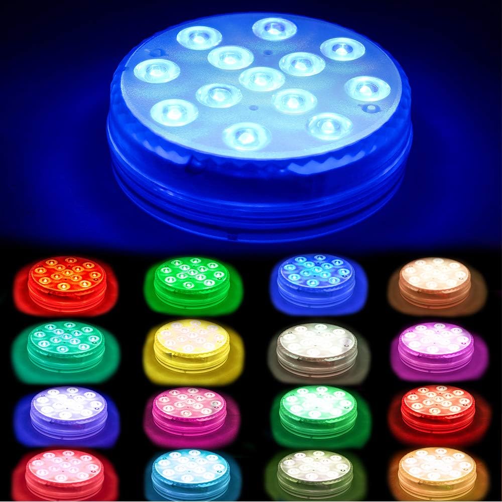 Winzwon Underwater Pool Lights Pack of 2 with Remote, Magnet, Suction Cups, IP68 Waterproof 13 Submersible Led Lights for Hot Tub Shower Pond Fountain Fish Decoration Battery Operated (Not Included)
