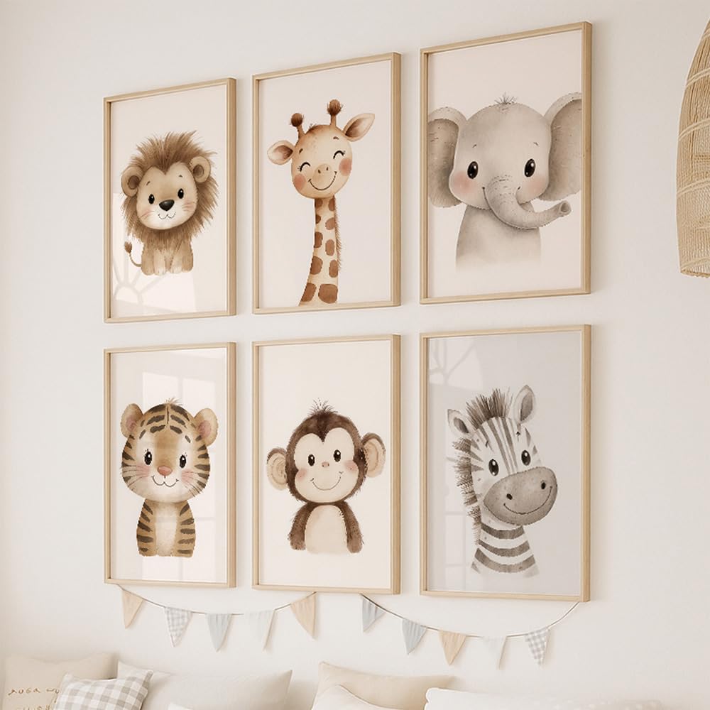 6 Laminas Animales Infantiles 21X30CM Cuadros Animales Niños Selva Elefante Jirafa León Zebra Poster Decorativos Habitacion Niños Lienzo Habitacion Bebe Cuadros Para Quarto Bebe Beige sin Marco