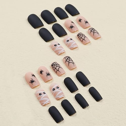 Miniatura 5 de 24 uñas postizas medianas de Halloween, cuadradas, a presión, con telaraña, color negro, con pegamento, para Halloween, momia, cuadradas, medianas,
