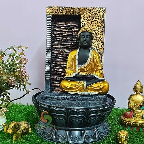 Image of Meditating Buddha Table Top Water Fountain for Home Decor /Office /Indoor & Outdoor /Garden /Puja Room /Vaastu with Multicolor LED Light and Adjustable Water Pump (Meditating Buddha D-066)