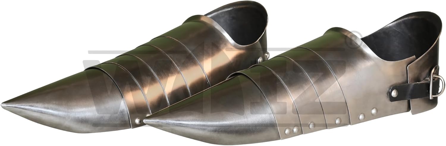 Medieval Steel Sabatons – 18 Gauge Mild Steel Knight Armor Shoes with Pointed Toe – LARP, SCA, Reenactment & Cosplay Foot Armor – Adjustable Leather Straps - Image 8