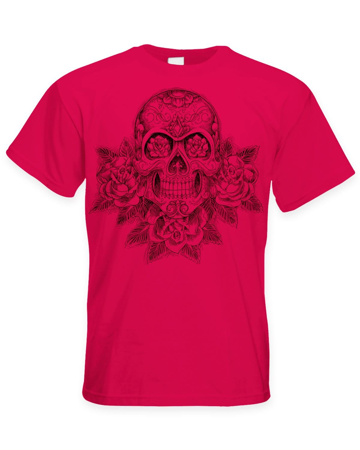 Skull and Roses Tattoo Large Print Men's T-Shirt (XL, Red)