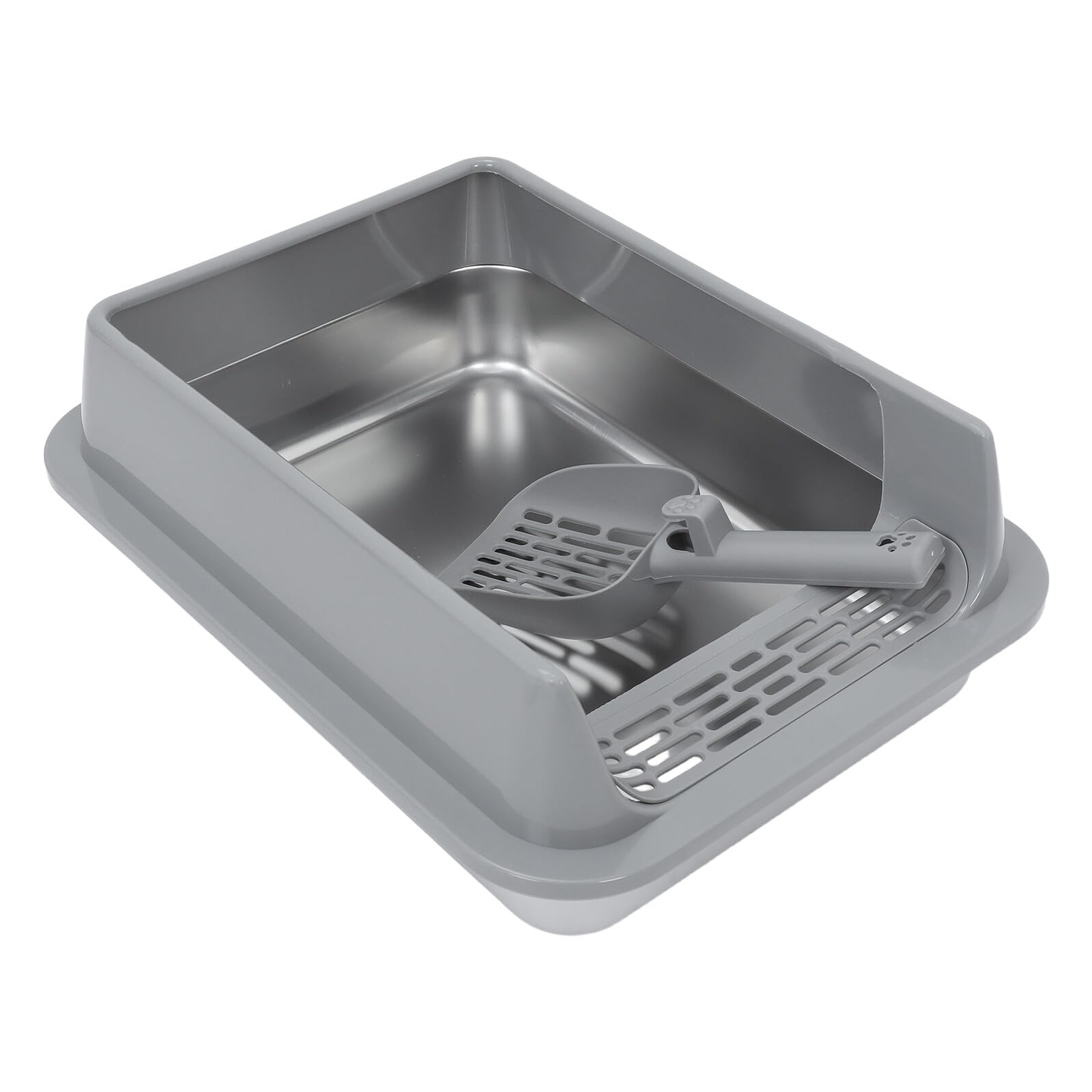 DOITOOL Bandeja de Arena para Gatos de Acero Inoxidable Mediana con Tapa Metálica Gris Caja Cerrada Antiadherente para Uso Doméstico Interior y Exterior Accesorios Gatos Caja de Arena