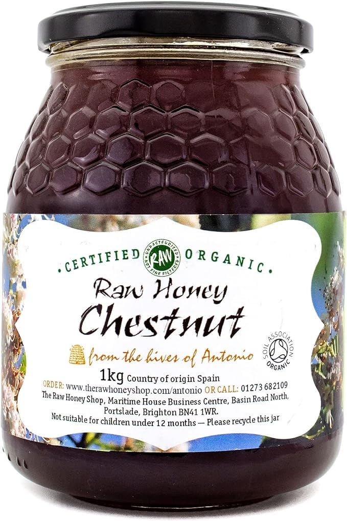 – Antonio's Raw Organic Chestnut Honey 1kg/Premium Quality Wilderness Honey/Cold-Pressed, Unpasteurised, Coarse-Filtered, Rich in Minerals & Antioxidants/The Raw Honey Shop