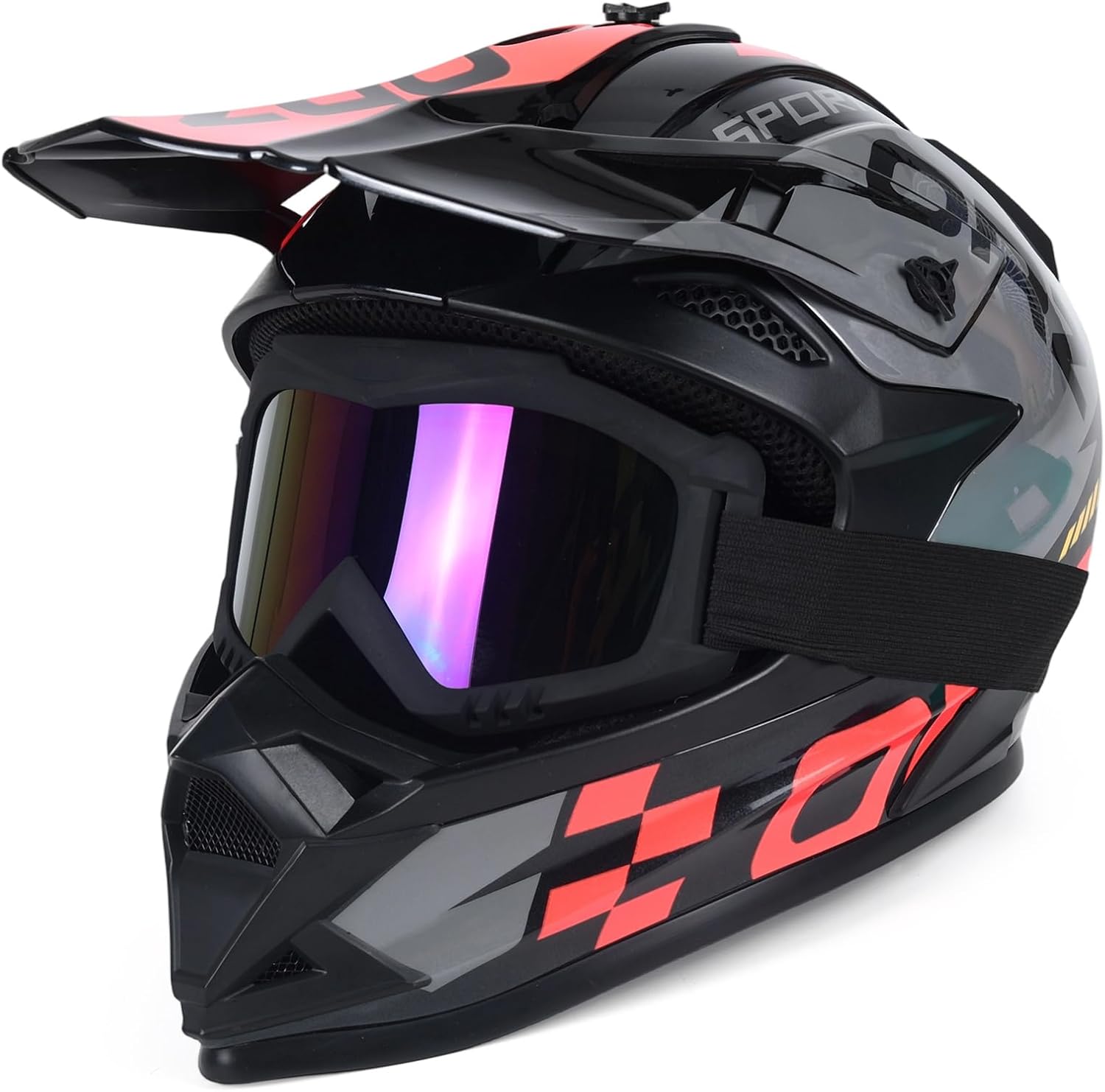 Adult Dirt Bike Helmet Motorcycle Racing Street Bike Off-Road Mountain Bike BMX MX ATV Helmet with Cycling Glasses and Visor for Unisex-Adult Bright Black (with goggles) Small