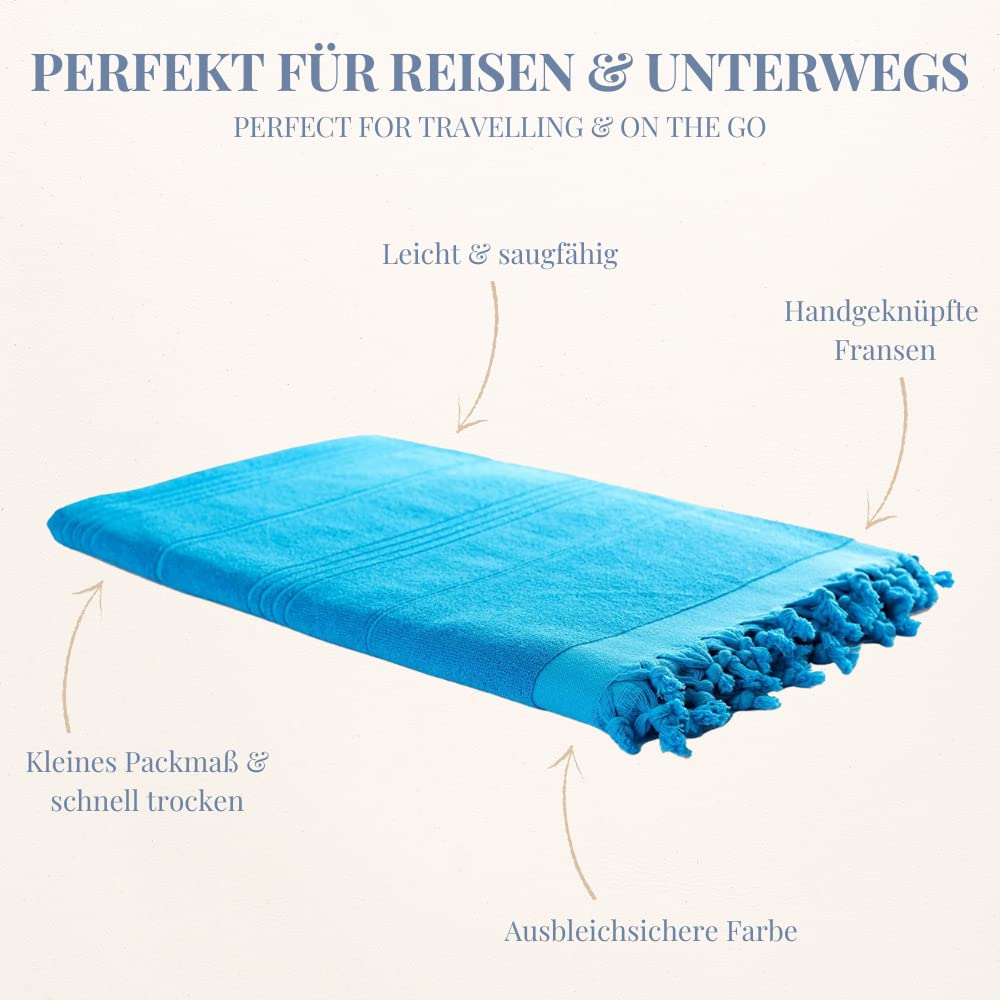Carenesse 2 in 1 Hamamtuch 90 x 190 cm türkis I Zweiseitiges Hamam Handtuch 100% Baumwolle: Glatt & Frottier I Pestemal/Fouta saugfähig & hygienisch I Hamam Strandtuch/Saunahandtuch kompakt | Zweiseitig: Glatt & Frottier, 100% Baumwolle, Saugfähig & hygie